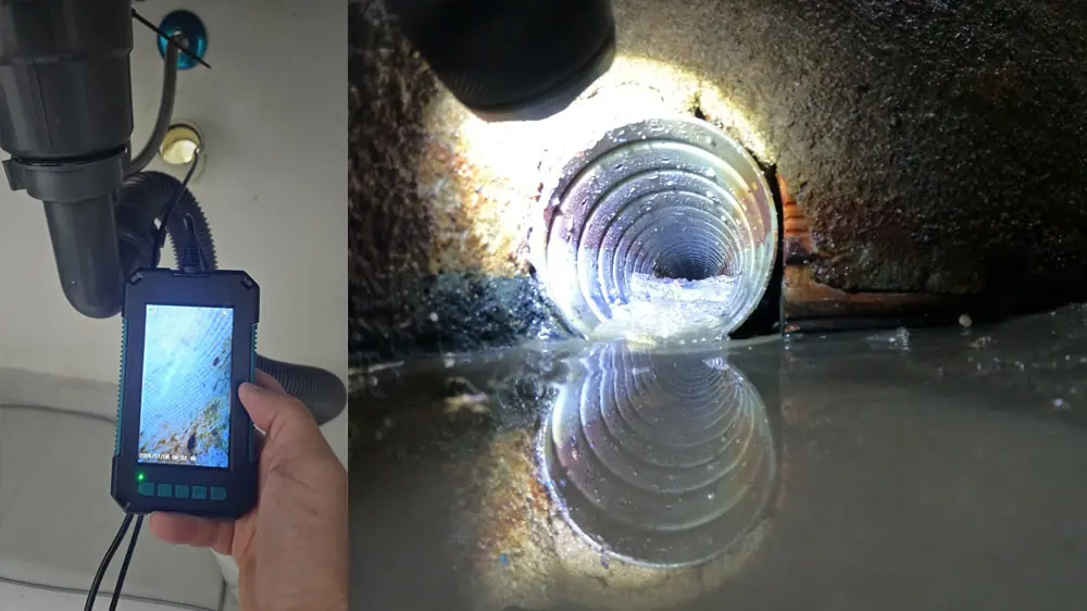 Camera boroscopio inspecionando o interior de uma tubulacao